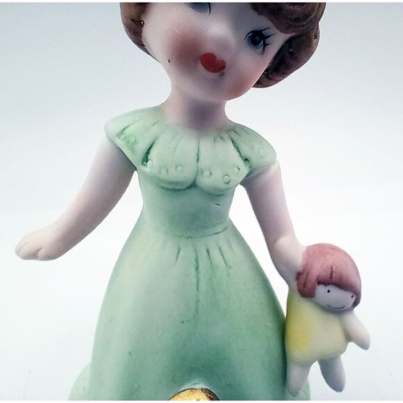 Enesco Birthday Girl Age 3 Brunette Green Dress Bisque Porcelain 1982 3.25" - Picture 4 of 15